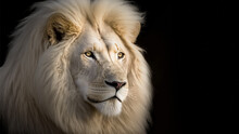 Lion King , Portrait  Of Majestic White Lion On Black Background, Wildlife Animal	