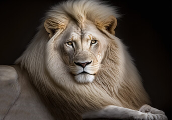 Wall Mural - Magnificent Lion king , Portrait  of majestic white lion on black background, Wildlife animal	