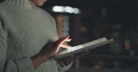 Business woman, hand and typing with tablet and working at night, digital report and technology for coding. Overtime, working to fix software, glitch with information technology, code and workplace.
