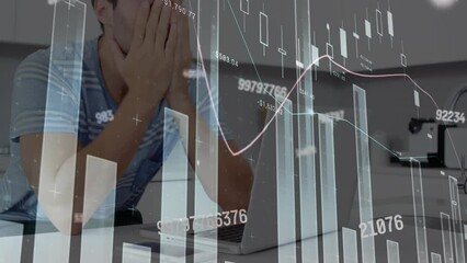 Poster - Animation of numbers and statistical data processing over stressed caucasian man using laptop