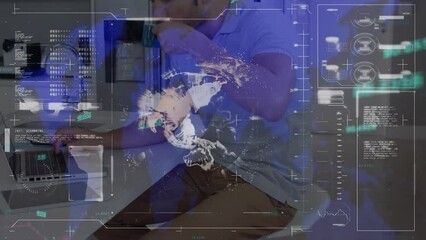 Poster - Animation of data processing and globe over caucasian businessman using laptop