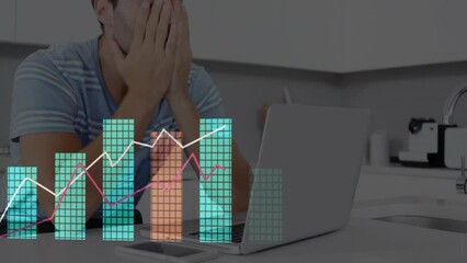 Poster - Animation of statistical data processing against stressed caucasian man using laptop at home