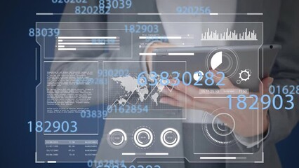 Poster - Animation of interface with data processing over mid section of businessman using digital tablet