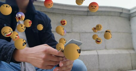 Poster - Animation of multiple floating emojis over biracial man with curly hair using smartphone