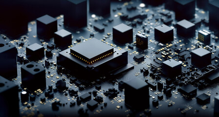 Poster - an edgy, abstract technology background with black microchips, transistors, and circuitry set agains