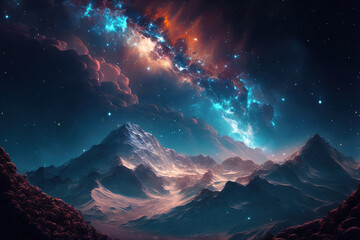 Wall Mural - colorful abstract background of different planet with mountains. starfield illustration. neon nebula