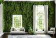 © Cavan Images - Living room interior with windows and walls of green plants