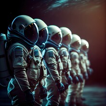 A Squad Of Astronauts In A Spacesuit. High-tech Astronauts From The Future. The Concept Of Space Travel. Generative AI Art