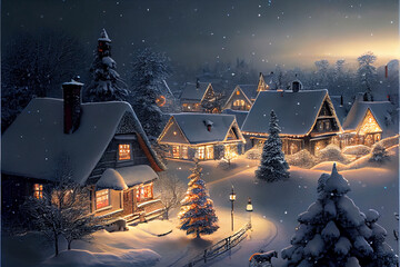 Beautiful village with a huge and beautiful christmas tree in painting style. Created using generative AI technology