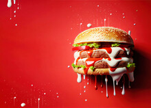 Classic Cheeseburger Splashed On A Wall Or A Board With Dripping Ketchup And Mayonnaise Sauce Dripping With Copyspace