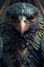 Close-up Of A Hawk's Head Mixed With Ornaments. Portrait Style In 3D Design. Generative AI.	