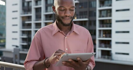 Poster - Business man, tablet and city working of a fintech and digital communication employee on a rooftop. Finance, web planning and technology of a accounting worker typing a email for corporate strategy