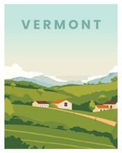 Landscape Background Of Scenic Village In Vermont. Travel To Vermont, New England, USA. Vector Illustration With Colored Style For Poster, Postcard, Card, Print.