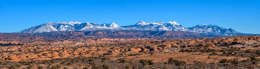 Wall Mural - La Sal Mountains - Panoramic view of snow-capped La Sal Mountains, towering above a vast field of orange petrified dunes and red sandstone mesa, on a sunny Winter day. Arches National Park, Utah, USA.