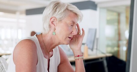 Wall Mural - Stress, headache and senior business woman in office feeling pain, migraine or sick. Burnout, anxiety and tired, fatigue or exhausted elderly female employee with depression in corporate workplace.