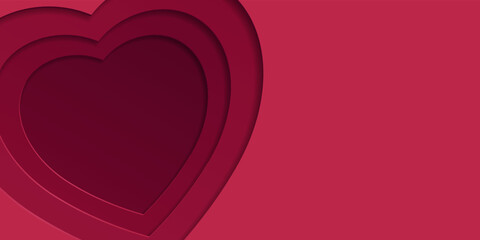 3D gradient background. Red paper cut out heart shape pattern in layers. Color of the year 2023 viva magenta. Design element for card, cover, banner, poster, backdrop, wall. Vector illustration.