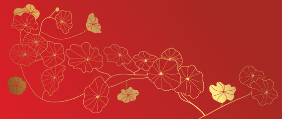 Happy Chinese new year luxury style pattern background vector. Oriental succulent flower gold line art on red background. Design illustration for wallpaper, card, poster, packaging, advertising.