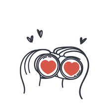 Hand Drawn Doodle Hands Hold Binoculars And Look Through Them With Love Illustration Vector
