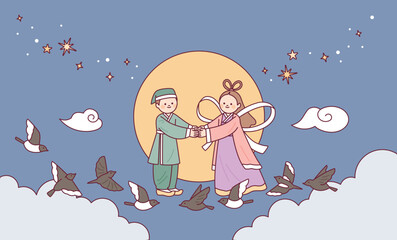 Poster - Korean traditional fairy tale. A couple to meet on July 7th, and magpies and crows helping the couple.