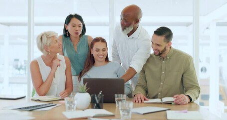Poster - Teamwork, collaboration and diversity at laptop presentation in office of marketing, advertising and design company. Group idea, brainstorming strategy and team working together on a creative project