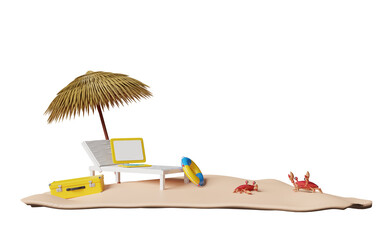 Wall Mural - beach chair with umbrella, palm tree, lifebuoy, seaside, crab, suitcase isolated. summer travel concept, 3d illustration or 3d render