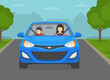 Safe driving tips and rules. Happy female driver and male kid sitting in front seats while driving a car. Flat vector illustration template.