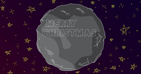 Poster - Line Art cartoon moon with Merry Christmas text. Abstract night sky with a Grey Planet and stars. Cartoon animation video.