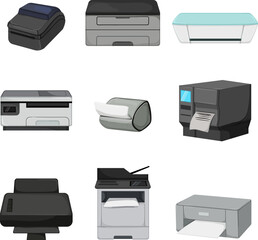 Poster - printer paper set cartoon. office computer, document scanner, digital machine printer paper vector illustration