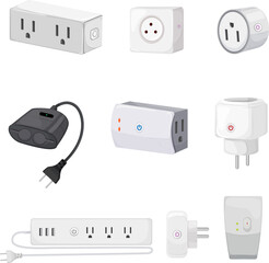 Wall Mural - smar plug set cartoon. wireless power socket, outlet wall energy, phone control, usb electricity smar plug vector illustration