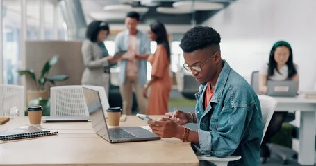 Aufkleber - Black man, laptop and phone typing in office planning web design, writing or planning notes on paper. African man, creative designer and working on digital tech and smarphone in morning with coffee