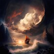Fantasy landscape with ship created with AI