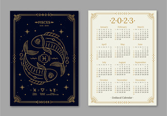 Wall Mural - Year 2023 calendar template with Pisces golden zodiac symbol. Pocket size dark navy color calendar with Fishes horoscope sign. Week starts on Sunday thin line vector illustration