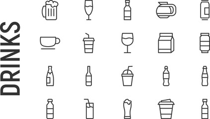 Poster - Vector set of drinks thin line icons.
