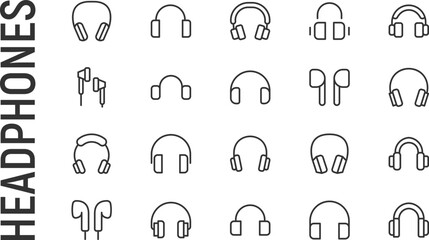 Poster - Vector set of headphones thin line icons.
