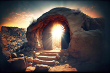 Entrance To Sacred Ancient Crypt Tomb In Stone In Rays Of Sun