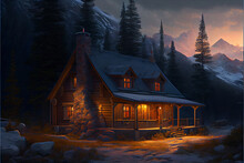 A Cozy Cabin Nestled In The Mountains Offers A Welcome Respite From The Cold. Smoke Curls From The Chimney, And A Warm Light Shines From The Windows, Generative Ai, Generative, Ai