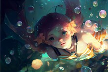 Girl With Bubbles Under Oceaan