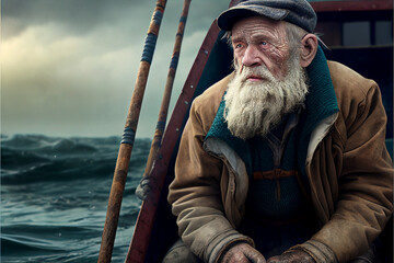 Generated image of old fisherman against background of sea