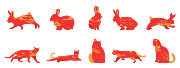 Set of red Chinese New Year rabbits and cats on white background