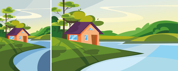 Wall Mural - House on the lake in summer season. Nature landscape in different formats.