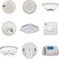 smoke detector set cartoon. fire alarm, sensor home, safety system, house monoxide, ceiling smoke detector vector illustration