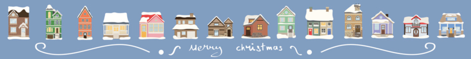 Wall Mural - Creative Christmas greeting card with houses on color background