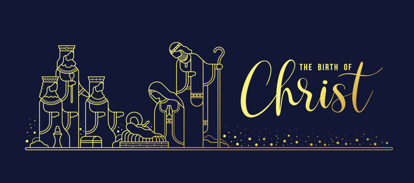 The birth of christ - modern gold line The Nativity with mary and joseph in a manger with baby Jesus and Three wise men on dark blue background vector design