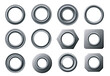Metal eyelets. Curtain eyelet ring, round grommet and circular fastener with hole isolated vector set