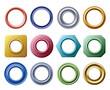 Grommet rings. Metal and golden eyelets for label holes, round hole metallic grommets and curtain eyelet vector set