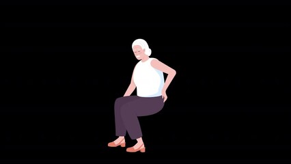 Poster - Animated character with back pain. Woman with age related arthritis. Full body flat person on black background with alpha channel transparency. Colorful cartoon style HD video footage for animation