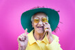 © oneinchpunch - Funny grandmother portraits. Senior old woman dressing elegant for a special event. granny fashion model on colored backgrounds