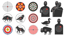 Shooting Targets. Animal Silhouette, Armed Human And Hostage Target For Shooting Range. Prints With Bullseye For Hunting Practice Vector Set