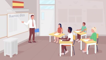 Poster - Animated Spanish class illustration. Learning foreign language. School lesson. Looped flat color 2D cartoon characters animation with school on background. HD video with alpha channel
