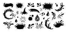 Splash Silhouette With Droplets. Water Drops Shapes, Liquid Burst Splashes And Ink Blot Hand Drawn Vector Set
